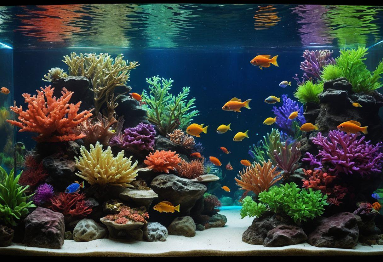 A mesmerizing underwater scene featuring a colorful and well-maintained aquarium filled with vibrant tropical fish of various species. The tank should showcase lush aquatic plants and decorative elements like coral reefs and stones, illuminated by soft, ambient lighting to create a calming effect. Include a close-up of a fish enthusiast observing the aquarium with tools for fishkeeping in hand, conveying a sense of passion and knowledge. photo-realistic. vibrant colors. calm lighting.
