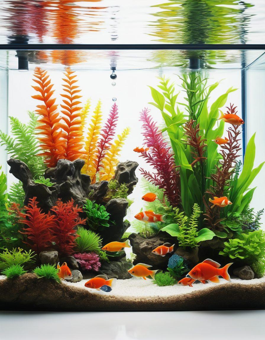 A serene underwater scene showcasing a well-maintained aquarium with vibrant plants, colorful fish, and essential equipment like a filter and heater. Include a hand gently adjusting the water temperature or feeding the fish to symbolize care. Bright lighting with bubbles rising adds a dynamic feel. Capture a sense of tranquility and harmony in aquatic life. super-realistic. vibrant colors. white background.