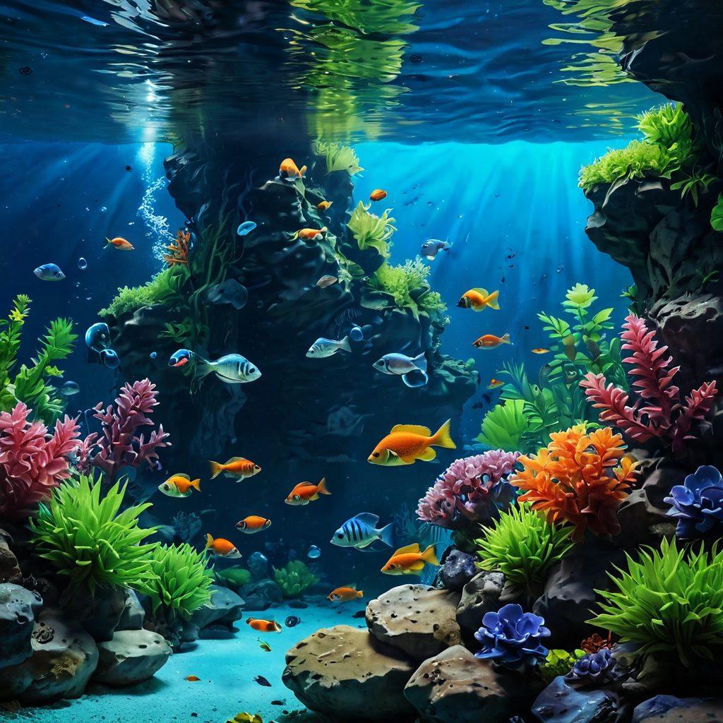 A breathtaking underwater scene showcasing a beautifully designed aquascape with exotic aquatic plants, colorful fish swimming gracefully, and intricate rock formations. The light filters through the water, creating a serene atmosphere with bubbles rising to the surface. The foreground includes delicate fish and lush greenery, while the background fades into a captivating blue gradient. Enhance the image with vibrant colors and a sense of depth. super-realistic. vibrant colors. 3D.